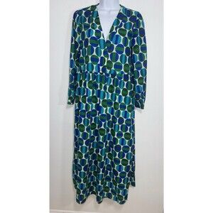 Zara V-Neck Oversized Loose Midi Blue Green Geometric Dress Cotton Women Small